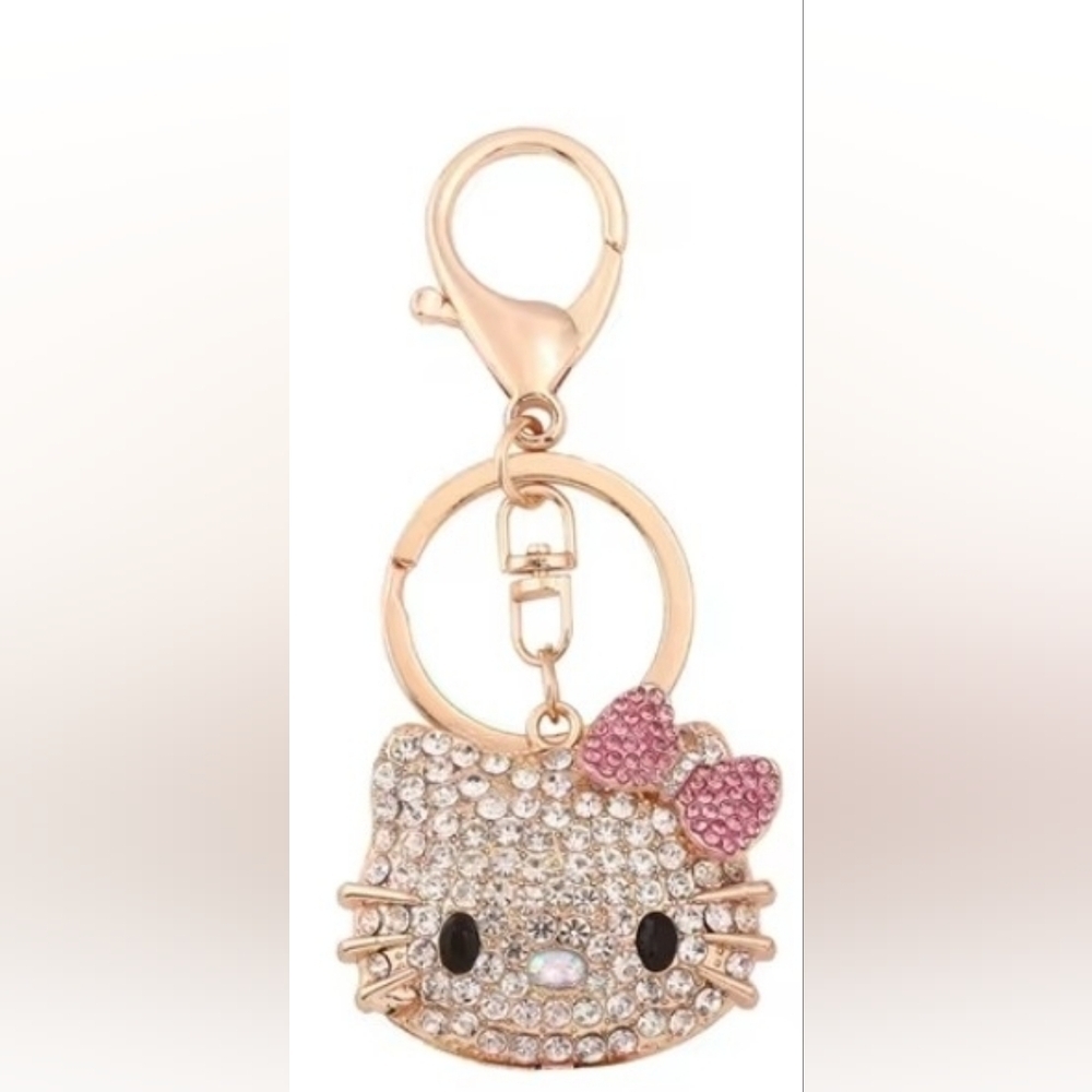 🆕️🐱 HELLO KITTY GOLD-TONE RHINESTONE BAG CHARM & KEY CHAIN - PINK BOW🐱